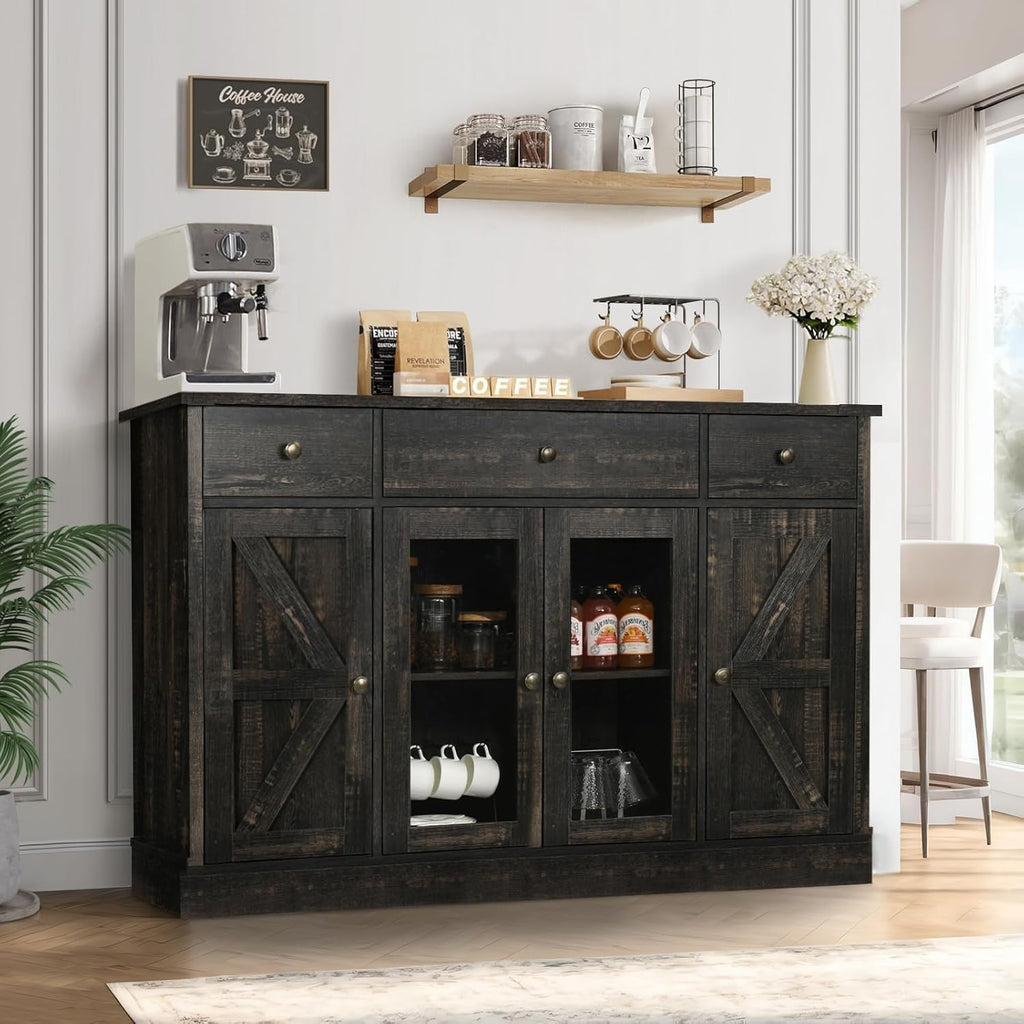 4 EVER WINNER Buffet Cabinet with Storage, 55" Farmhouse Coffee Bar Cabinet with Drawers Glass Doors Barn Doors, Sideboard Buffet Cabinet Wood Buffet Table for Kitchen, Dining Room Cabinet, Rustic Oak - Grand Goldman