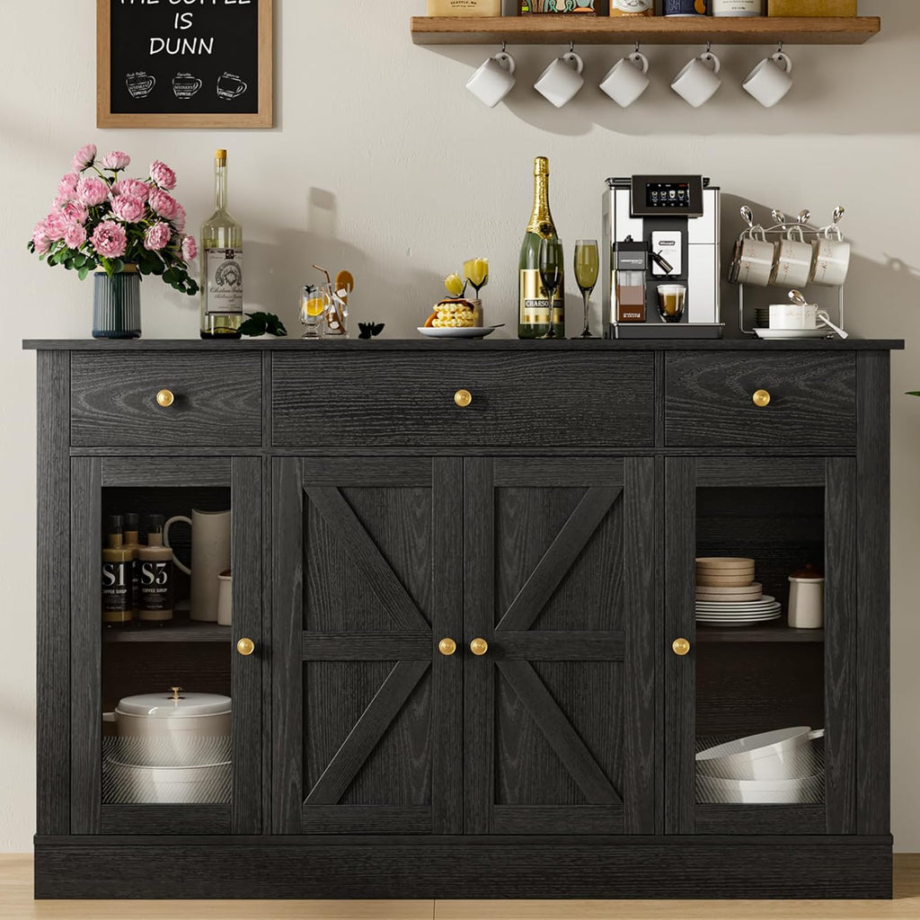 4 EVER WINNER Buffet Cabinet with Storage, 55" Farmhouse Coffee Bar Cabinet with Drawers Glass Doors Barn Doors, Sideboard Buffet Cabinet Wood Buffet Table for Kitchen, Dining Room Cabinet, Rustic Oak - Grand Goldman