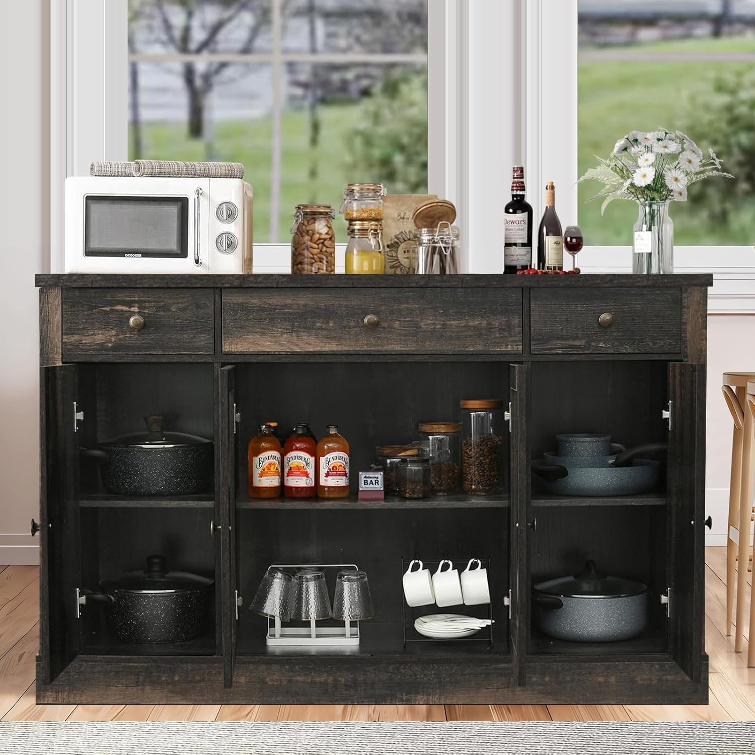 4 EVER WINNER Buffet Cabinet with Storage, 55" Farmhouse Coffee Bar Cabinet with Drawers Glass Doors Barn Doors, Sideboard Buffet Cabinet Wood Buffet Table for Kitchen, Dining Room Cabinet, Rustic Oak - Grand Goldman