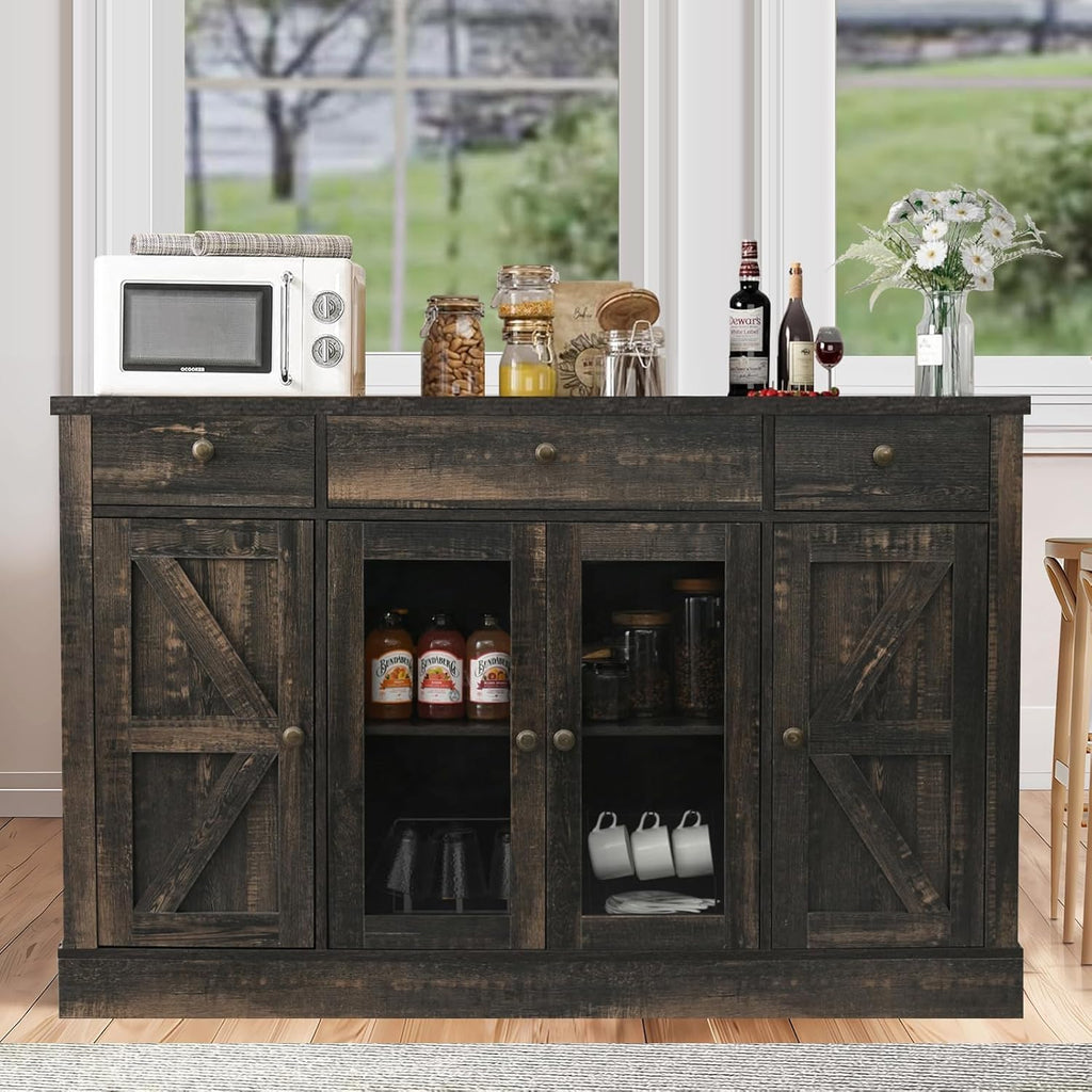 4 EVER WINNER Buffet Cabinet with Storage, 55" Farmhouse Coffee Bar Cabinet with Drawers Glass Doors Barn Doors, Sideboard Buffet Cabinet Wood Buffet Table for Kitchen, Dining Room Cabinet, Rustic Oak - Grand Goldman