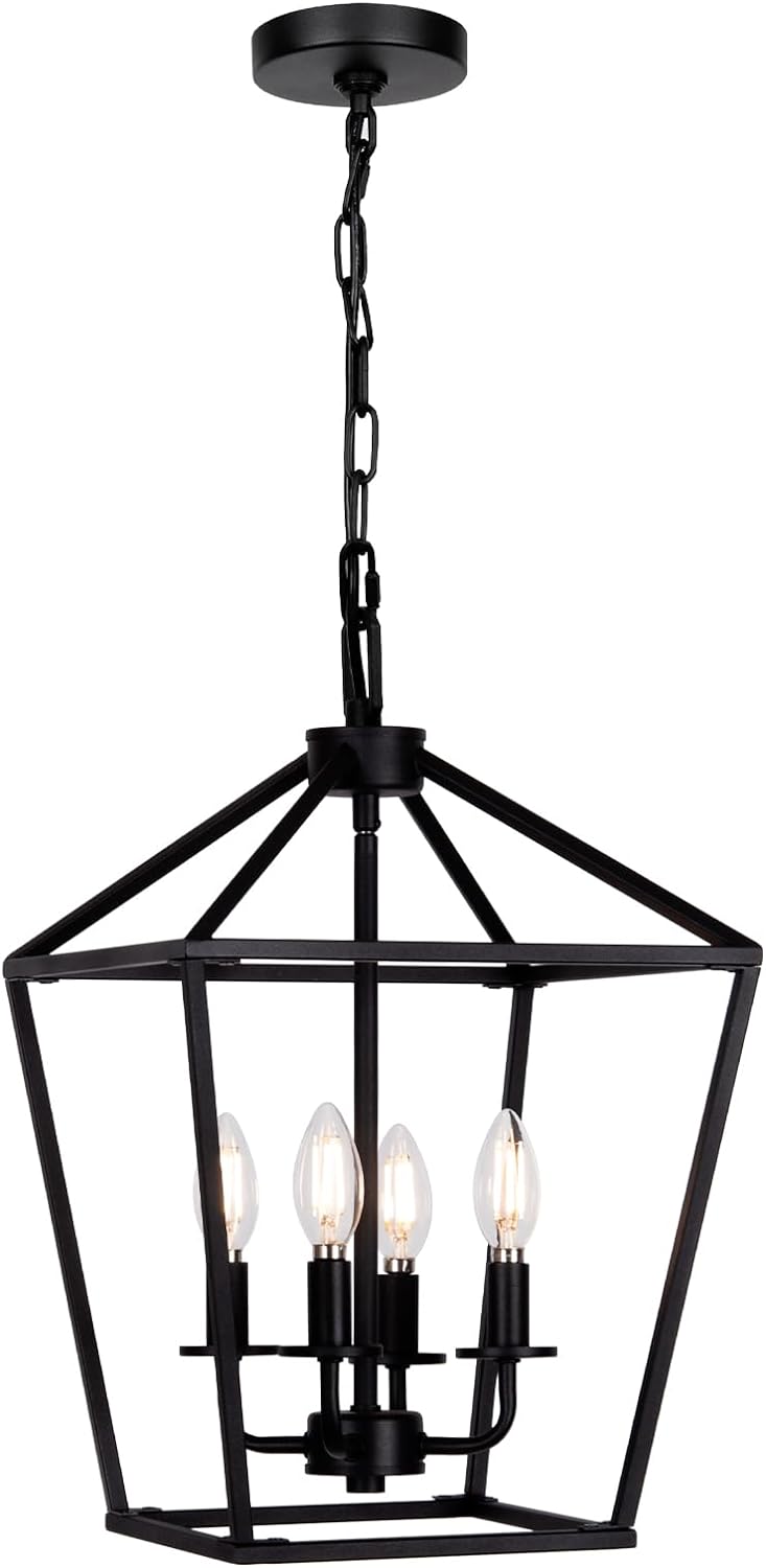 4 Light Chandelier, Industrial Ceiling Light Black Lantern Light Fixtures with Farmhouse Metal Cage Adjustable Height Rustic Geometric Hanging Light E12 Base for Kitchen Island, Entryway, Indoor - Grand Goldman