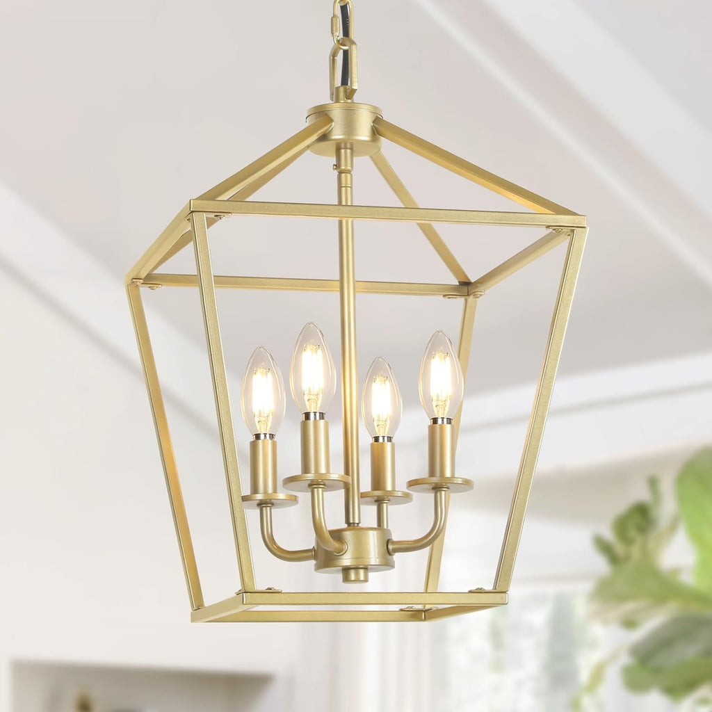4 Light Chandelier, Industrial Ceiling Light Black Lantern Light Fixtures with Farmhouse Metal Cage Adjustable Height Rustic Geometric Hanging Light E12 Base for Kitchen Island, Entryway, Indoor - Grand Goldman