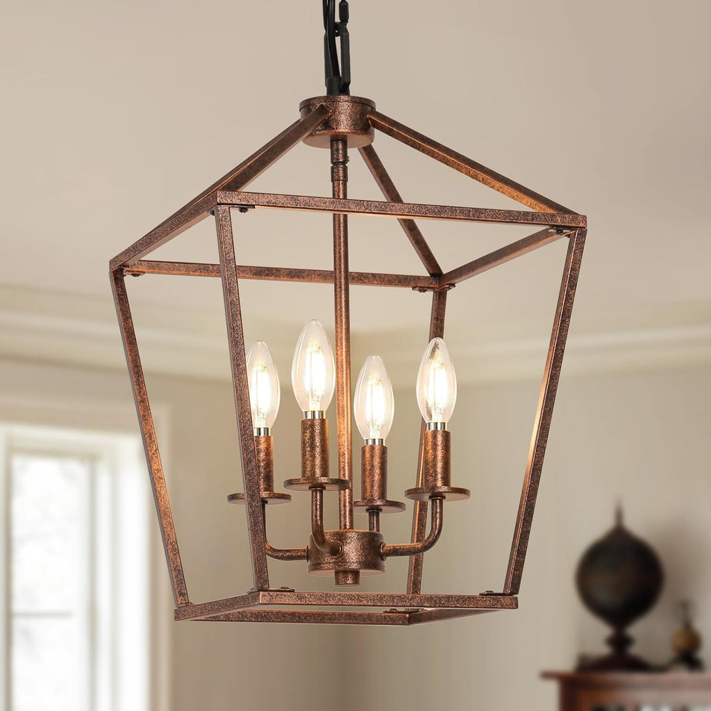 4 Light Chandelier, Industrial Ceiling Light Black Lantern Light Fixtures with Farmhouse Metal Cage Adjustable Height Rustic Geometric Hanging Light E12 Base for Kitchen Island, Entryway, Indoor - Grand Goldman