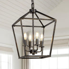 4 Light Chandelier, Industrial Ceiling Light Black Lantern Light Fixtures with Farmhouse Metal Cage Adjustable Height Rustic Geometric Hanging Light E12 Base for Kitchen Island, Entryway, Indoor - Grand Goldman