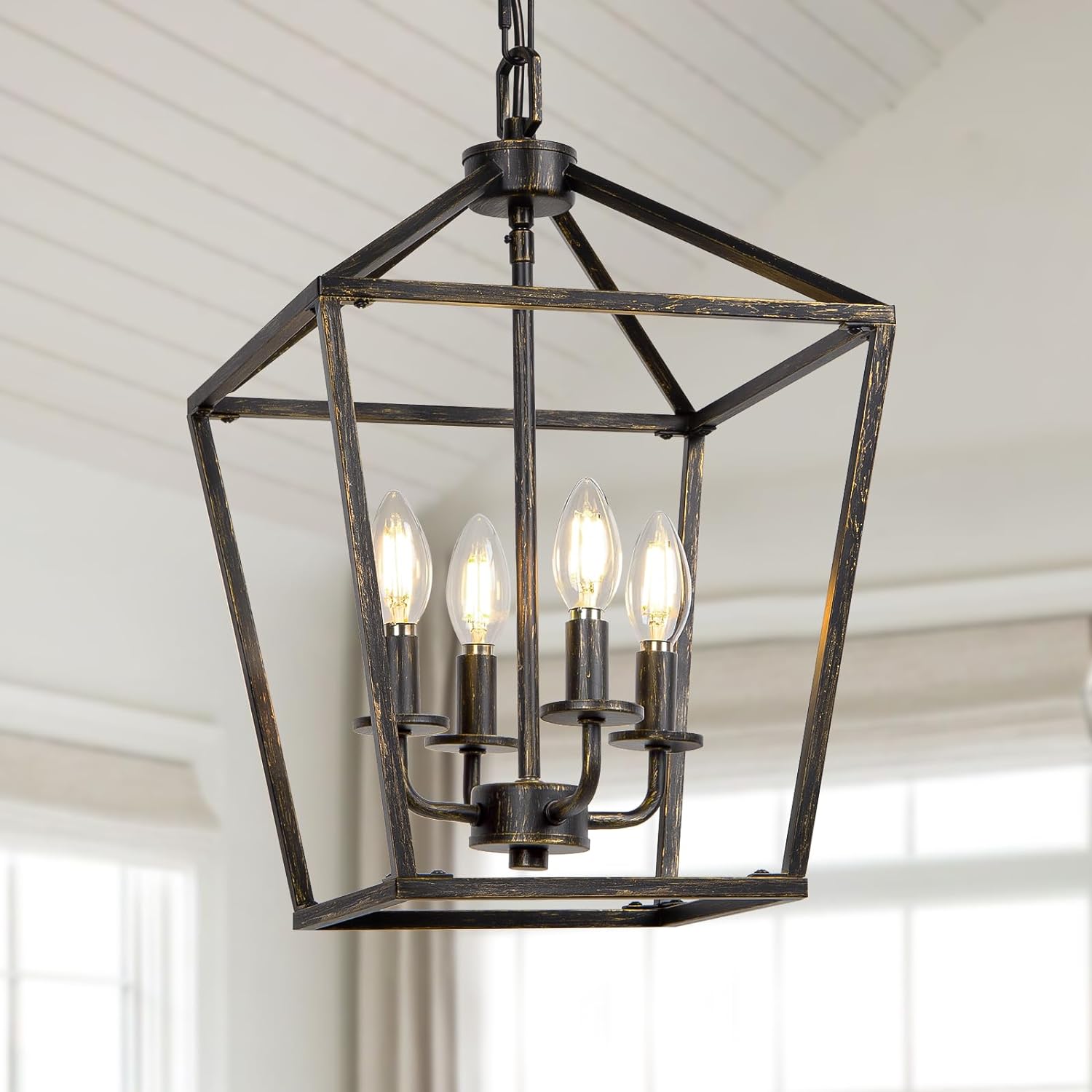 4 Light Chandelier, Industrial Ceiling Light Black Lantern Light Fixtures with Farmhouse Metal Cage Adjustable Height Rustic Geometric Hanging Light E12 Base for Kitchen Island, Entryway, Indoor - Grand Goldman