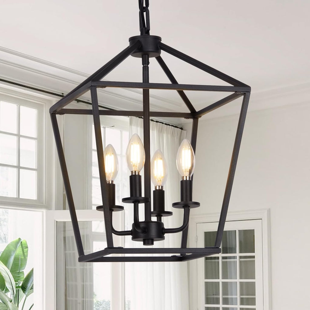 4 Light Chandelier, Industrial Ceiling Light Black Lantern Light Fixtures with Farmhouse Metal Cage Adjustable Height Rustic Geometric Hanging Light E12 Base for Kitchen Island, Entryway, Indoor - Grand Goldman