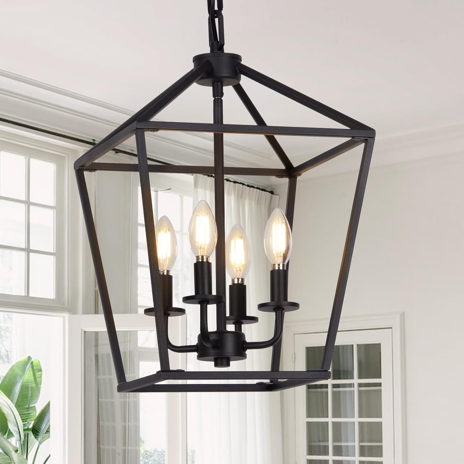 4 Light Chandelier, Industrial Ceiling Light Black Lantern Light Fixtures with Farmhouse Metal Cage Adjustable Height Rustic Geometric Hanging Light E12 Base for Kitchen Island, Entryway, Indoor - Grand Goldman