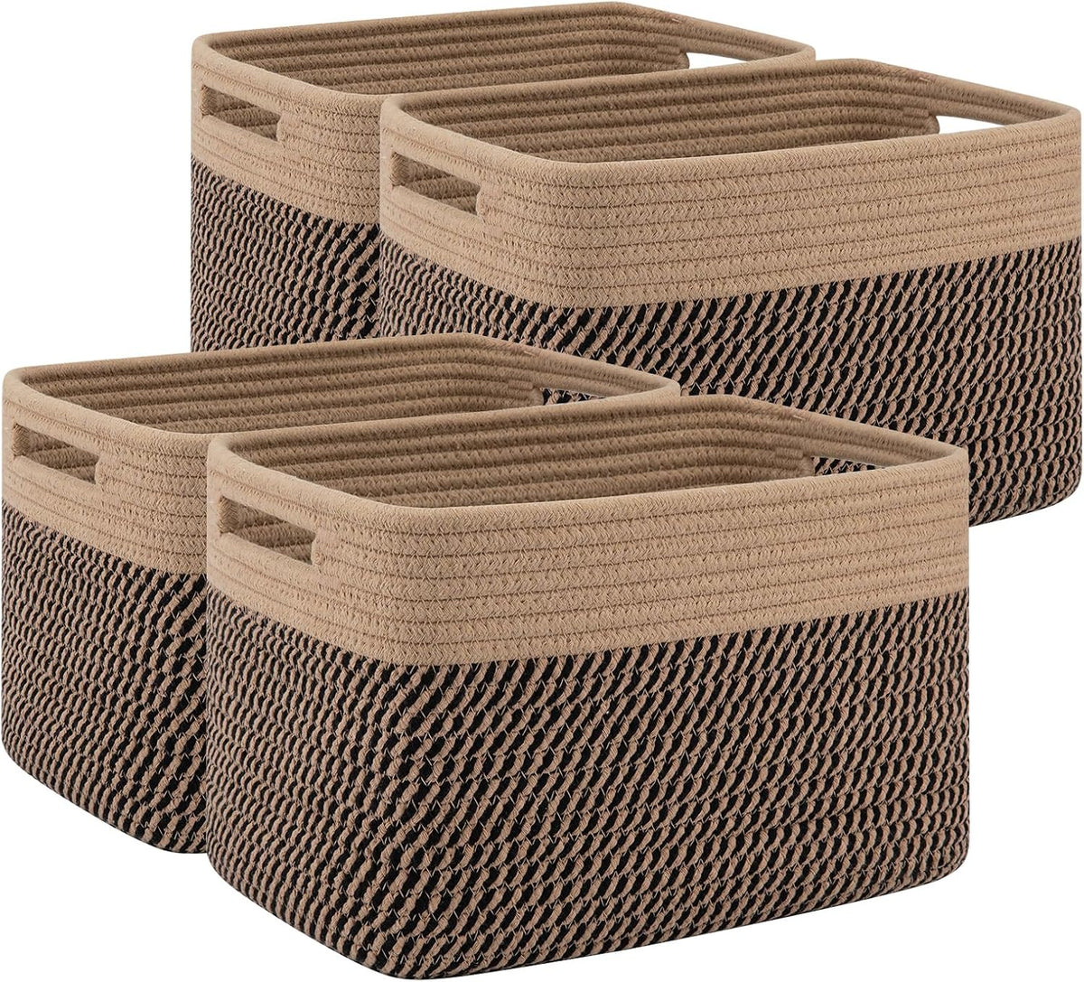 4 Pack Storage Baskets for Organizing, Woven Baskets for Shelves - Perfect for Toys, Books, Towels, and Clothes, Durable Gift Basket Bins Toy Storage, 12.7''Lx9''Wx7.8''H, Brown & White - Grand Goldman