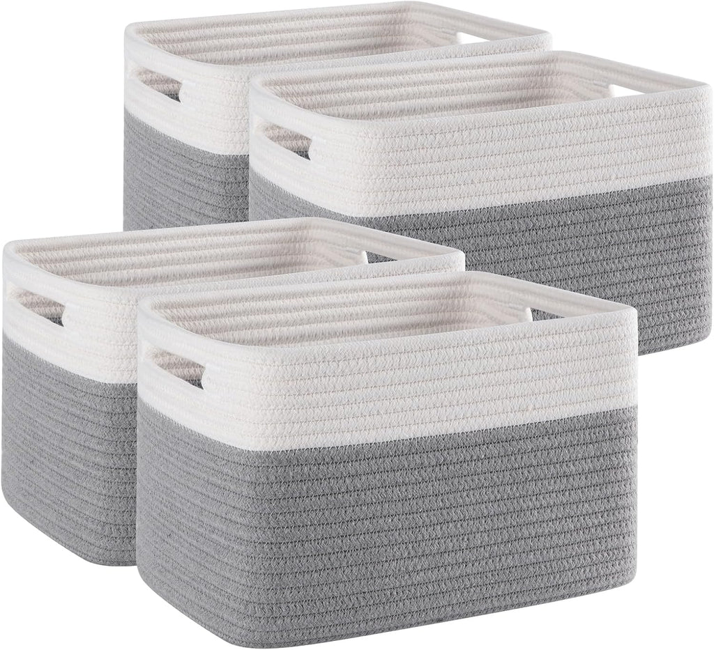 4 Pack Storage Baskets for Organizing, Woven Baskets for Shelves - Perfect for Toys, Books, Towels, and Clothes, Durable Gift Basket Bins Toy Storage, 12.7''Lx9''Wx7.8''H, Brown & White - Grand Goldman