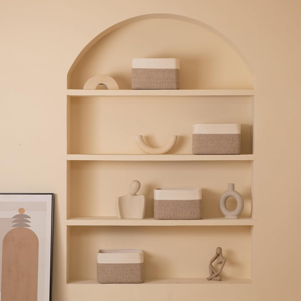 4 Pack Storage Baskets for Organizing, Woven Baskets for Shelves - Perfect for Toys, Books, Towels, and Clothes, Durable Gift Basket Bins Toy Storage, 12.7''Lx9''Wx7.8''H, Brown & White - Grand Goldman