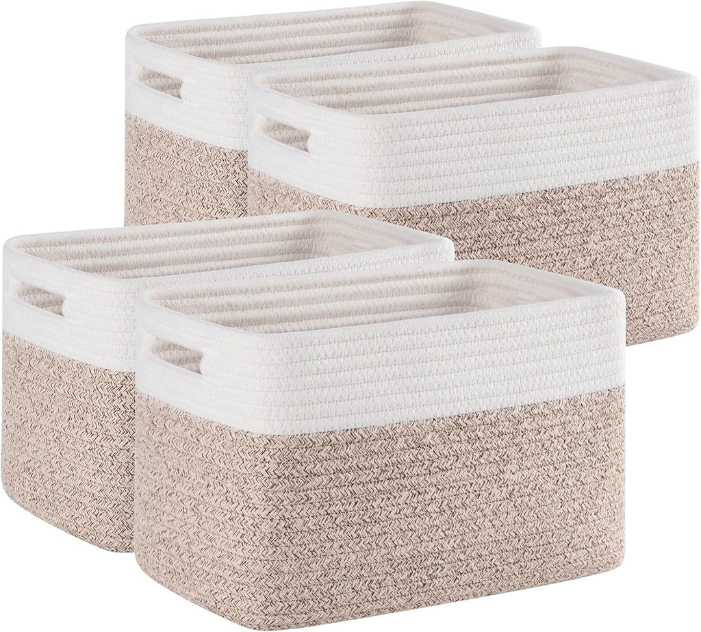 4 Pack Storage Baskets for Organizing, Woven Baskets for Shelves - Perfect for Toys, Books, Towels, and Clothes, Durable Gift Basket Bins Toy Storage, 12.7''Lx9''Wx7.8''H, Brown & White - Grand Goldman