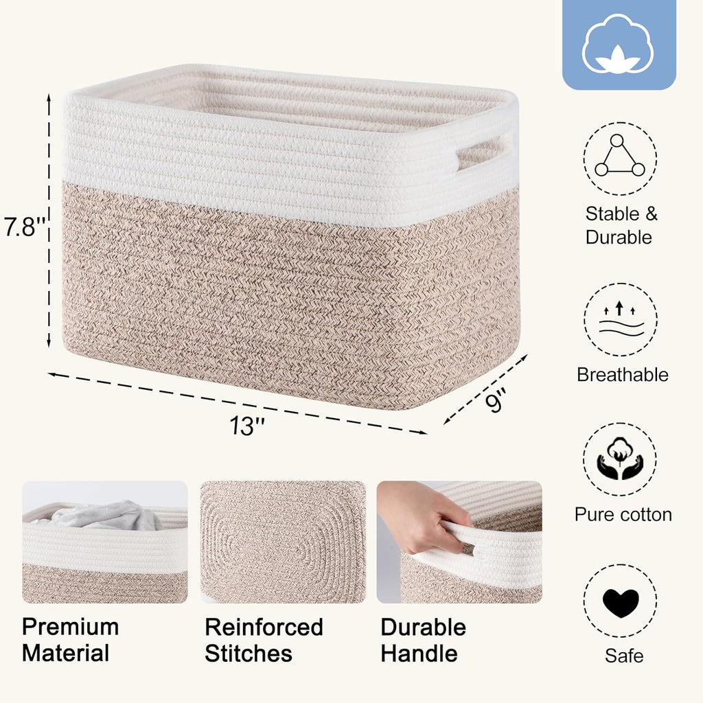 4 Pack Storage Baskets for Organizing, Woven Baskets for Shelves - Perfect for Toys, Books, Towels, and Clothes, Durable Gift Basket Bins Toy Storage, 12.7''Lx9''Wx7.8''H, Brown & White - Grand Goldman