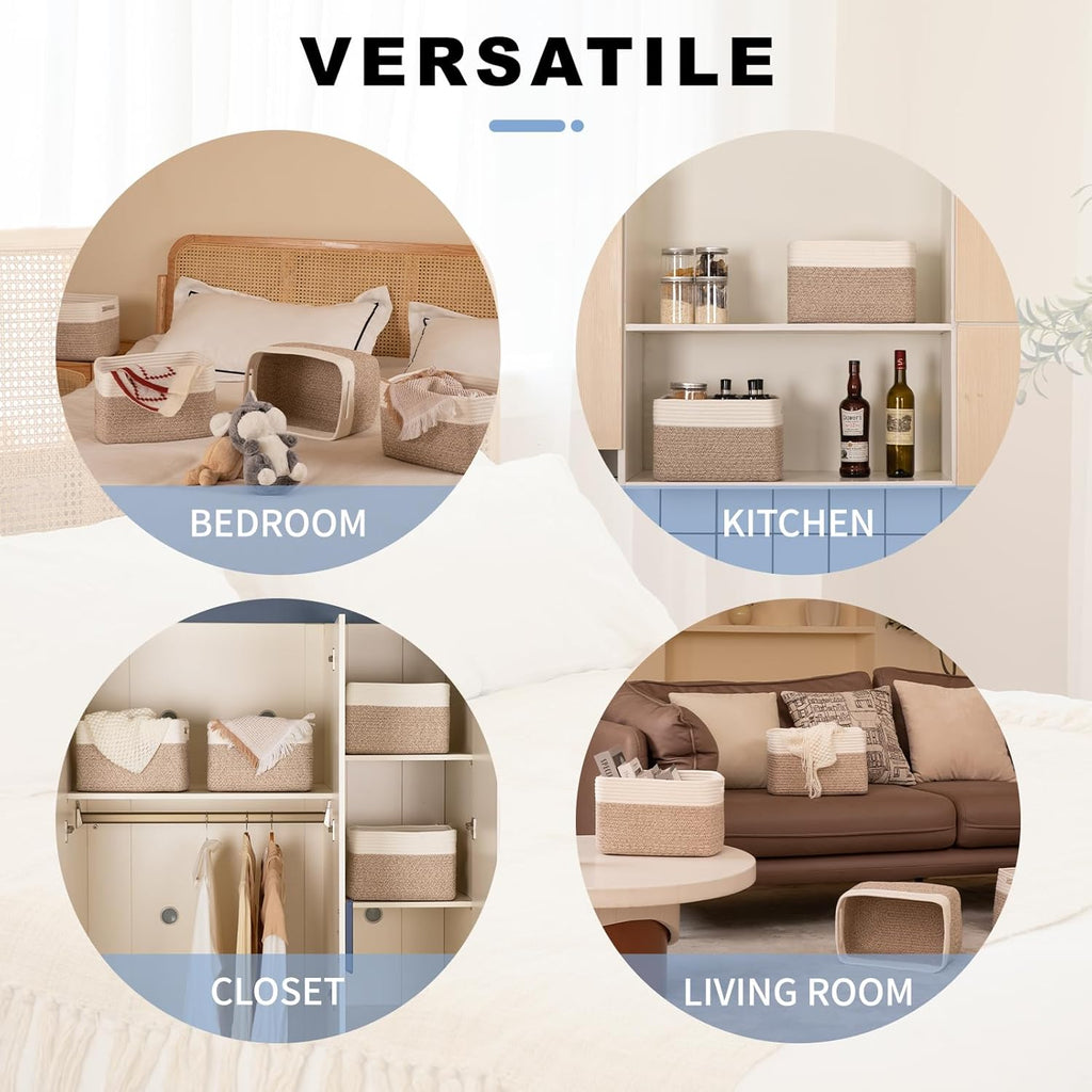 4 Pack Storage Baskets for Organizing, Woven Baskets for Shelves - Perfect for Toys, Books, Towels, and Clothes, Durable Gift Basket Bins Toy Storage, 12.7''Lx9''Wx7.8''H, Brown & White - Grand Goldman