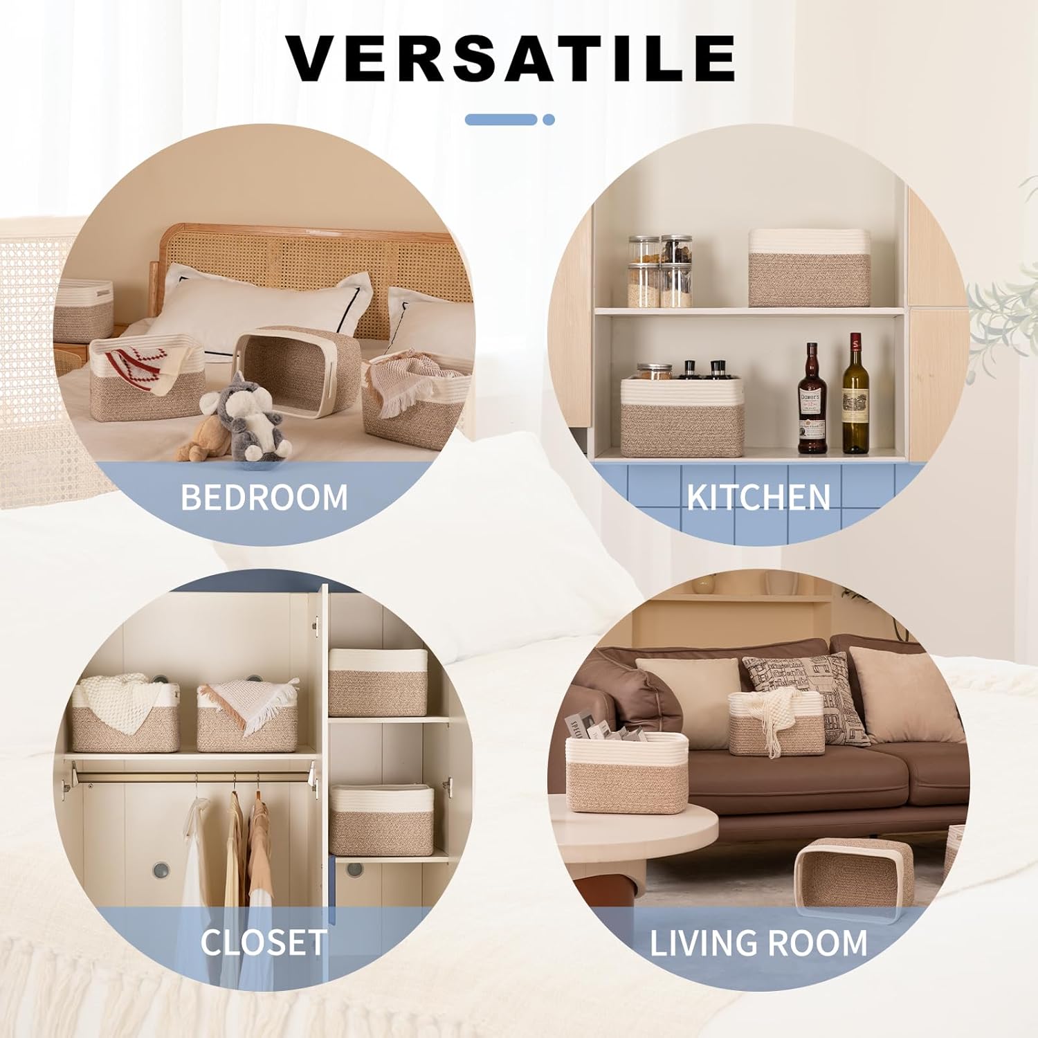 4 Pack Storage Baskets for Organizing, Woven Baskets for Shelves - Perfect for Toys, Books, Towels, and Clothes, Durable Gift Basket Bins Toy Storage, 12.7''Lx9''Wx7.8''H, Brown & White - Grand Goldman