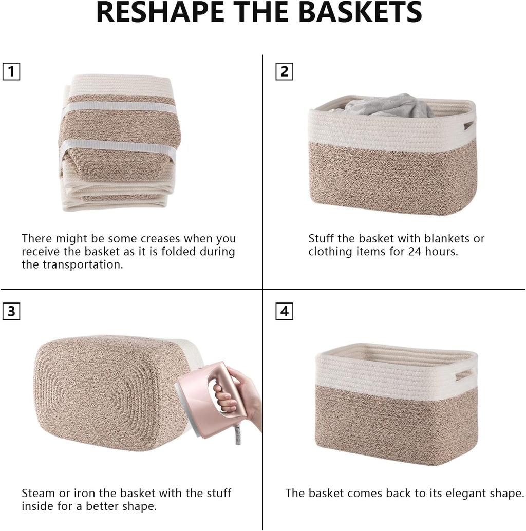 4 Pack Storage Baskets for Organizing, Woven Baskets for Shelves - Perfect for Toys, Books, Towels, and Clothes, Durable Gift Basket Bins Toy Storage, 12.7''Lx9''Wx7.8''H, Brown & White - Grand Goldman