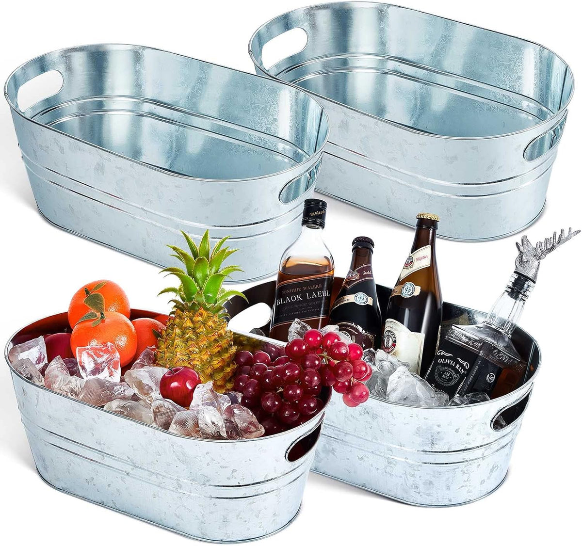 4 Pcs 4 Gallon Galvanized Metal Ice Buckets Beverage Tubs for Parties Large Drink Tin Bins for Beer Wine Champagne Cocktail Cooler for Christmas Halloween Bar (Silver,Classic) - Grand Goldman