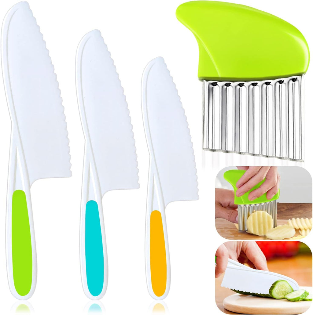 4 Pcs Kids Knife Set, Nylon Kitchen Knife with Crinkle Cutter, Serrated Edges Plastic Toddler Chef Knife for Real Cooking & Cutting Fruit Bread - Grand Goldman