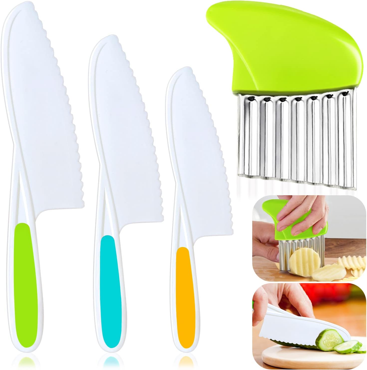 4 Pcs Kids Knife Set, Nylon Kitchen Knife with Crinkle Cutter, Serrated Edges Plastic Toddler Chef Knife for Real Cooking & Cutting Fruit Bread - Grand Goldman