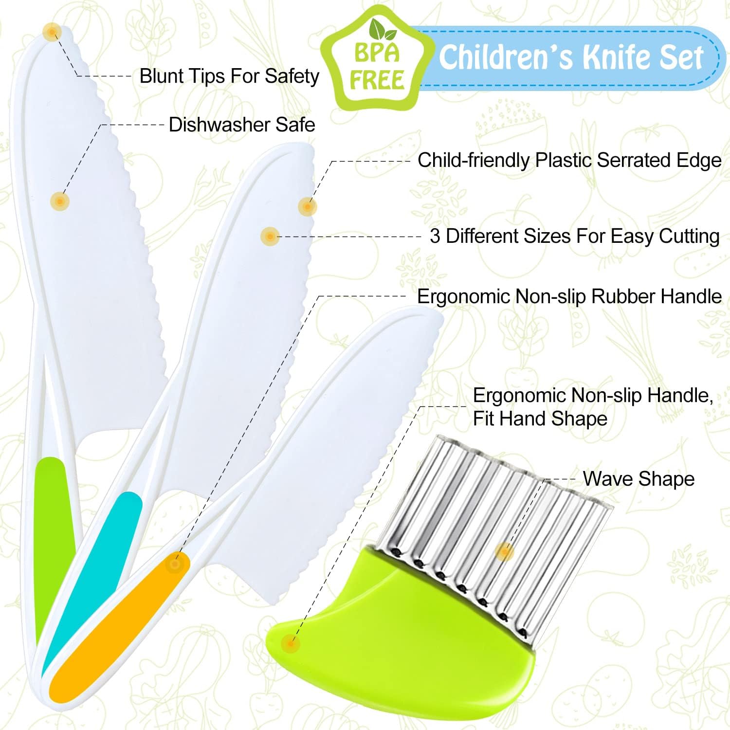 4 Pcs Kids Knife Set, Nylon Kitchen Knife with Crinkle Cutter, Serrated Edges Plastic Toddler Chef Knife for Real Cooking & Cutting Fruit Bread - Grand Goldman