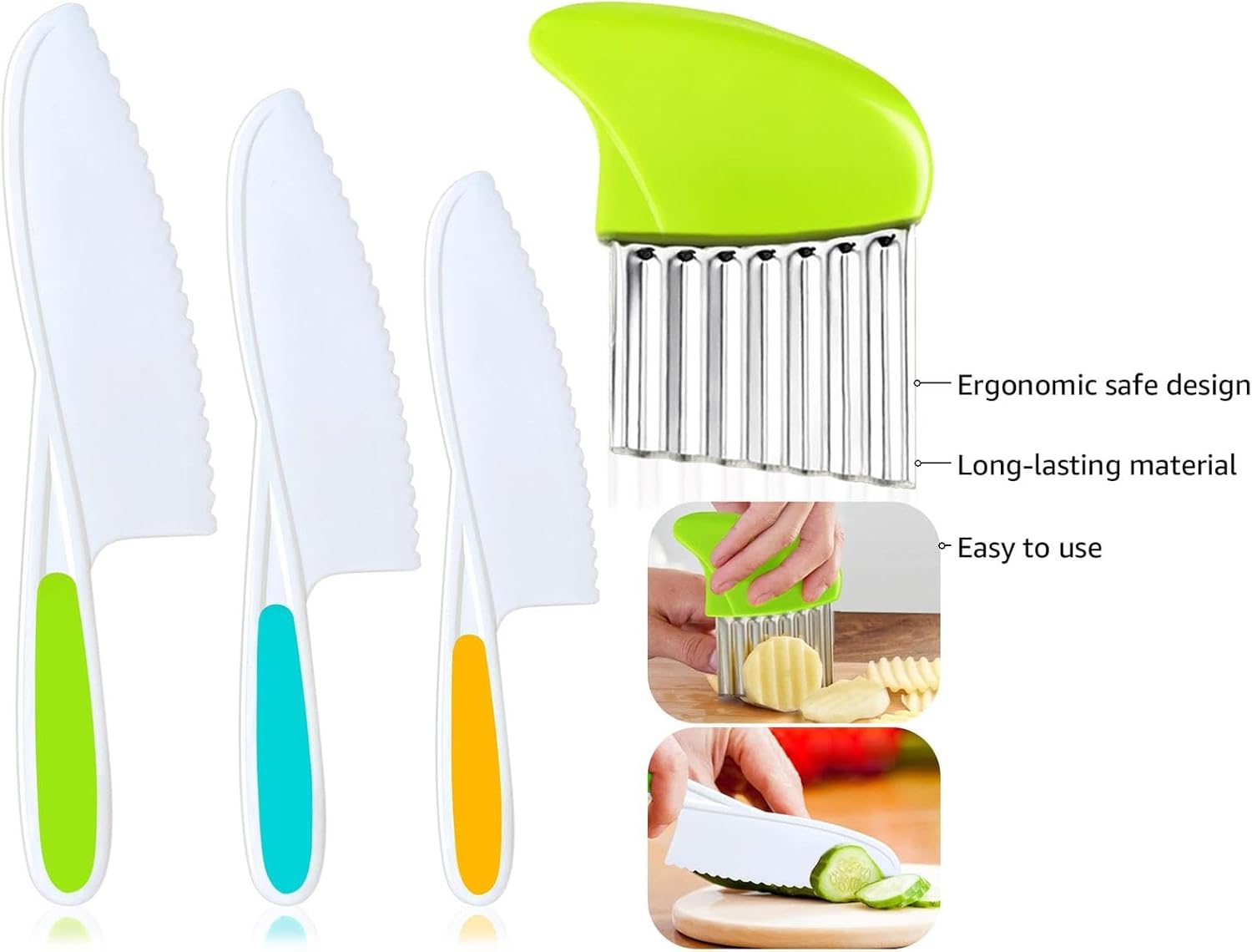 4 Pcs Kids Knife Set, Nylon Kitchen Knife with Crinkle Cutter, Serrated Edges Plastic Toddler Chef Knife for Real Cooking & Cutting Fruit Bread - Grand Goldman