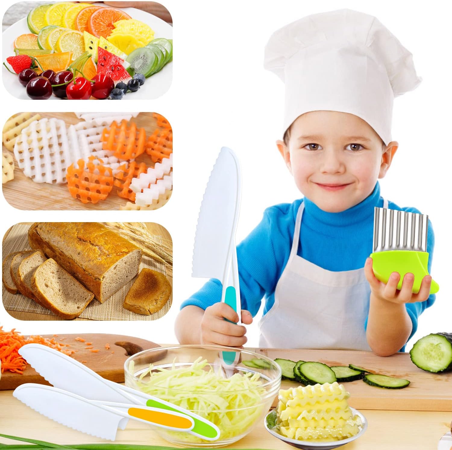 4 Pcs Kids Knife Set, Nylon Kitchen Knife with Crinkle Cutter, Serrated Edges Plastic Toddler Chef Knife for Real Cooking & Cutting Fruit Bread - Grand Goldman