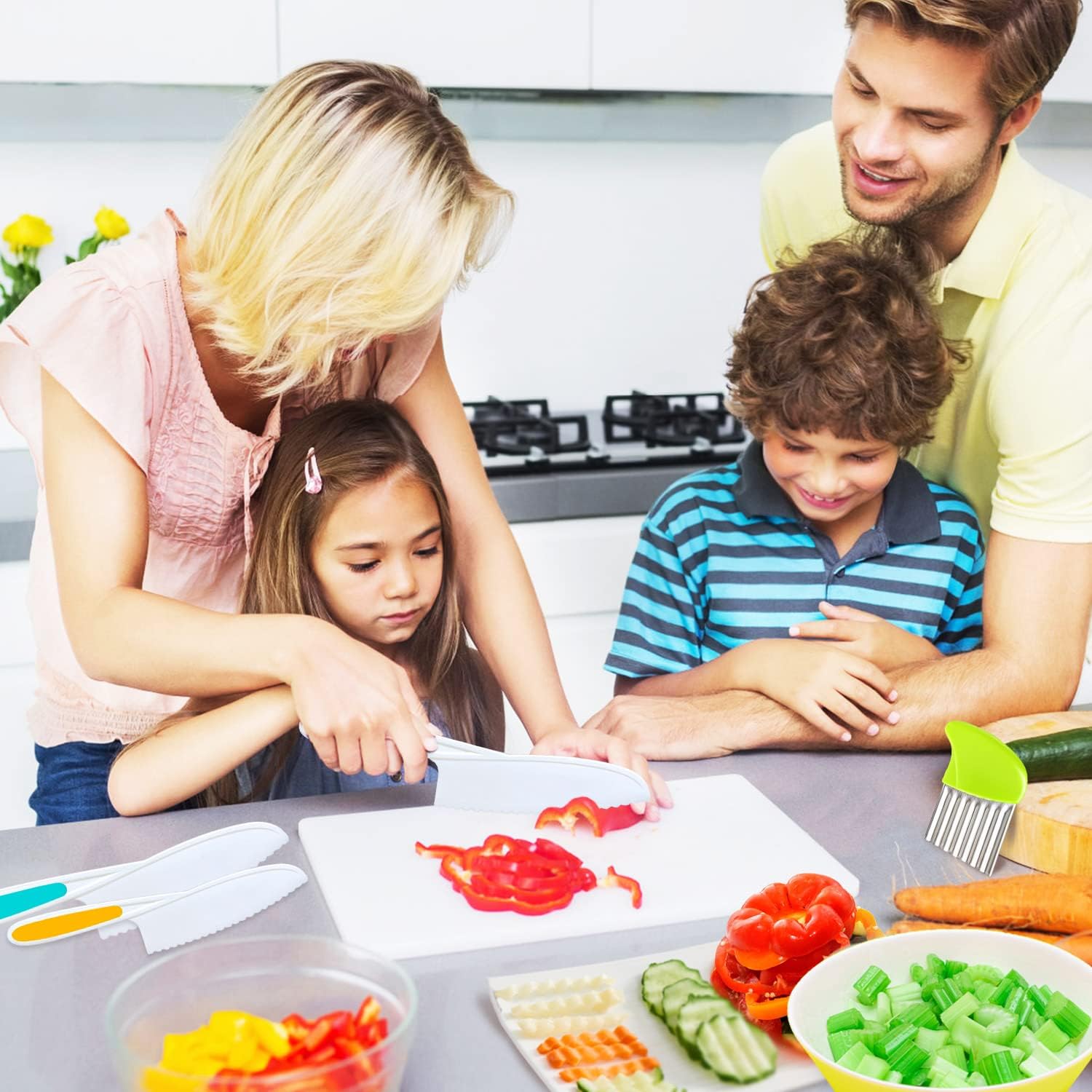 4 Pcs Kids Knife Set, Nylon Kitchen Knife with Crinkle Cutter, Serrated Edges Plastic Toddler Chef Knife for Real Cooking & Cutting Fruit Bread - Grand Goldman