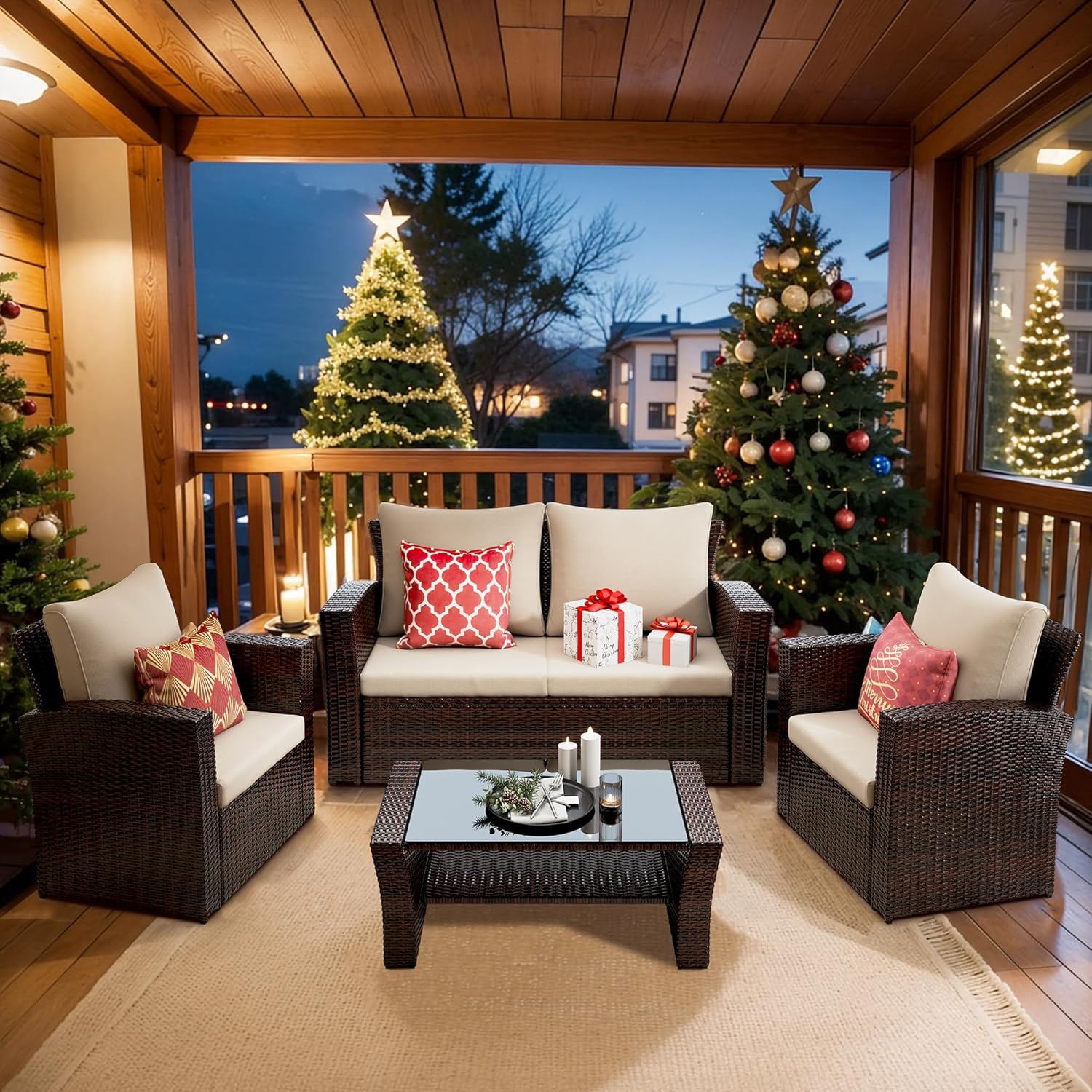 4 Piece Patio Furniture Sets, All-Weather Wicker Conversation Sets, Outdoor Rattan Sectional Sofa Chair with Cushions and Coffee Table for Balcony, Garden, Backyard, Brown - Grand Goldman