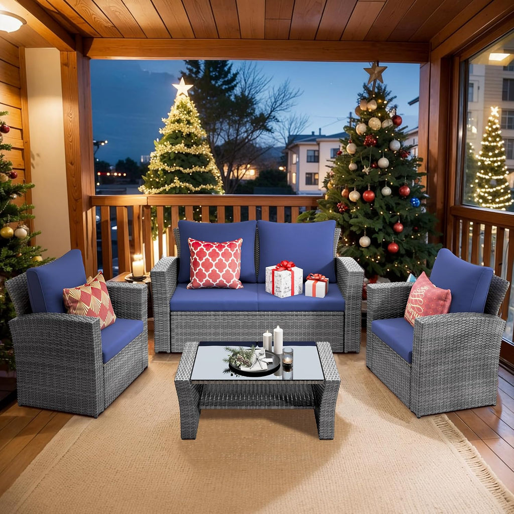 4 Piece Patio Furniture Sets, All-Weather Wicker Conversation Sets, Outdoor Rattan Sectional Sofa Chair with Cushions and Coffee Table for Balcony, Garden, Backyard, Brown - Grand Goldman