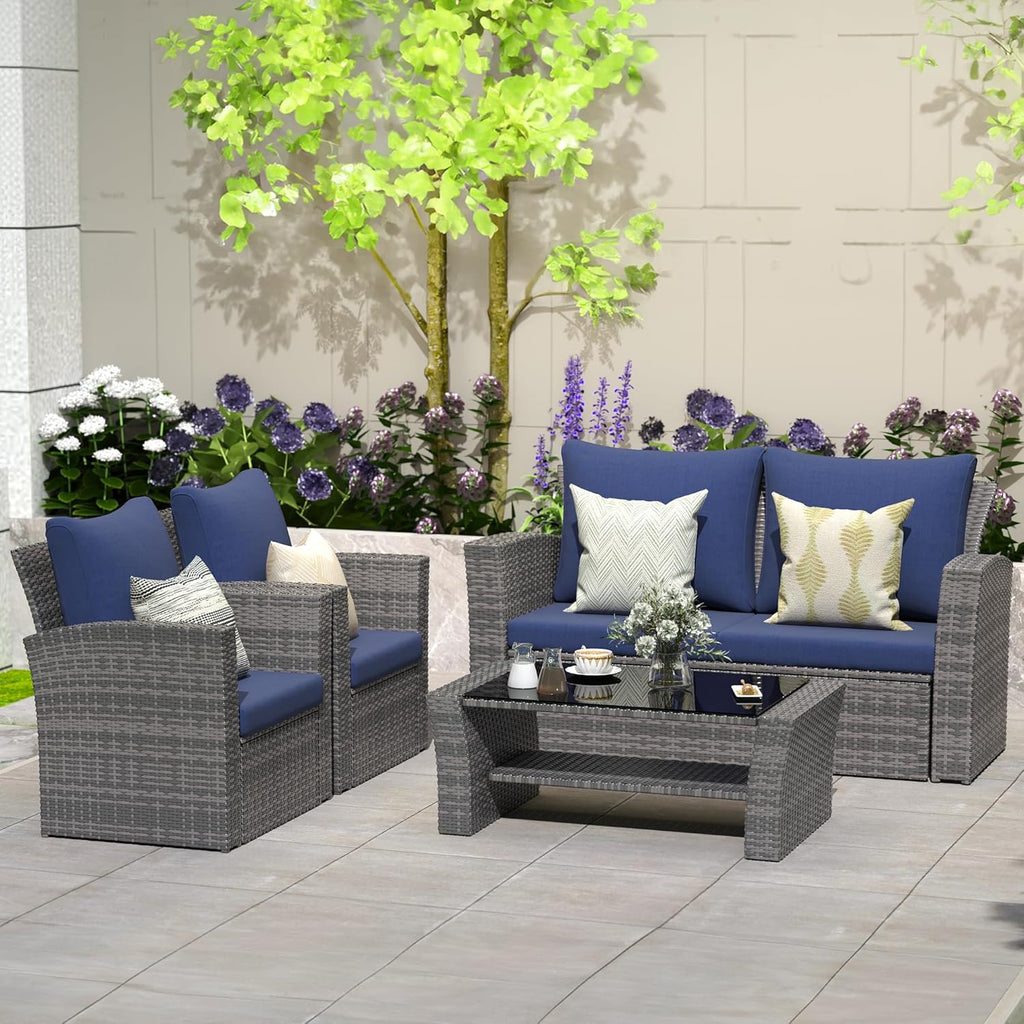4 Piece Patio Furniture Sets, All-Weather Wicker Conversation Sets, Outdoor Rattan Sectional Sofa Chair with Cushions and Coffee Table for Balcony, Garden, Backyard, Brown - Grand Goldman