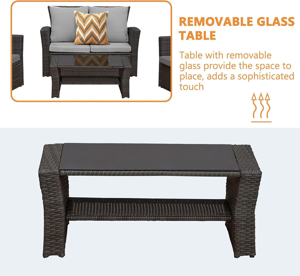 4 Piece Patio Furniture Sets, All-Weather Wicker Conversation Sets, Outdoor Rattan Sectional Sofa Chair with Cushions and Coffee Table for Balcony, Garden, Backyard, Brown - Grand Goldman