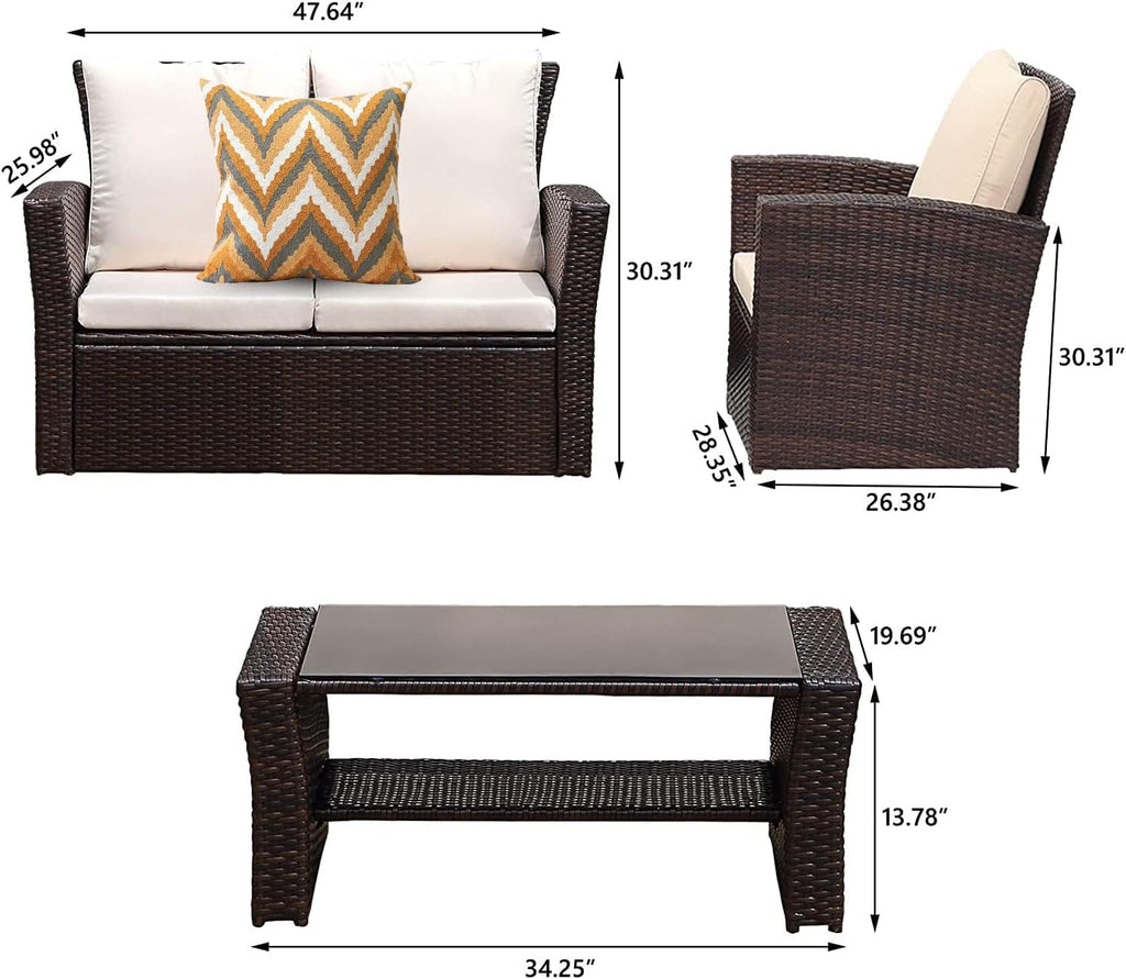 4 Piece Patio Furniture Sets, All-Weather Wicker Conversation Sets, Outdoor Rattan Sectional Sofa Chair with Cushions and Coffee Table for Balcony, Garden, Backyard, Brown - Grand Goldman