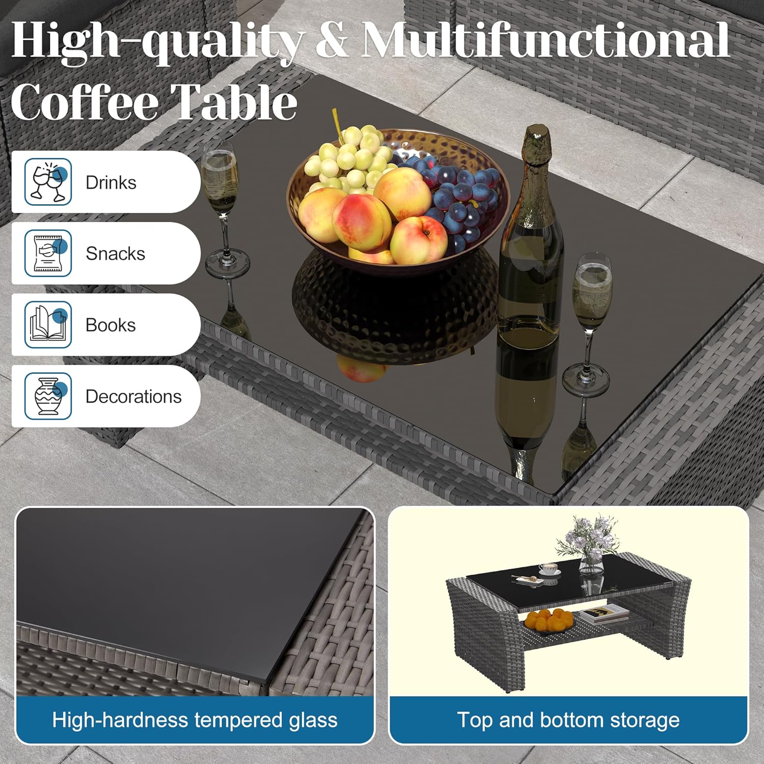 4 Piece Patio Furniture Sets, All-Weather Wicker Conversation Sets, Outdoor Rattan Sectional Sofa Chair with Cushions and Coffee Table for Balcony, Garden, Backyard, Brown - Grand Goldman