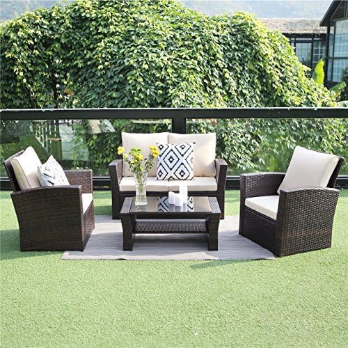 4 Piece Patio Furniture Sets, All-Weather Wicker Conversation Sets, Outdoor Rattan Sectional Sofa Chair with Cushions and Coffee Table for Balcony, Garden, Backyard, Brown - Grand Goldman