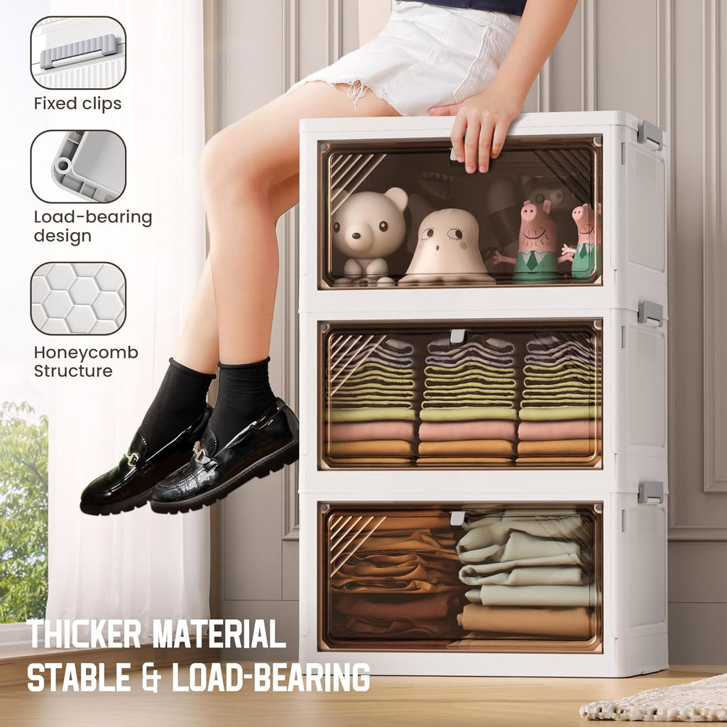 4 Tier Plastic Storage Bins with Drawers - Foldable Stackable Storage Bins with Lids - Closet Craft Organizers and Storage - 24QT Plastic Drawer Storage for Bedroom Study Toy Room Office - Grand Goldman