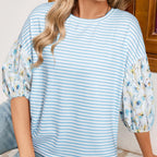 Sky Blue Stripe Floral Three Quarter Sleeves Patchwork Drop Shoulder Top