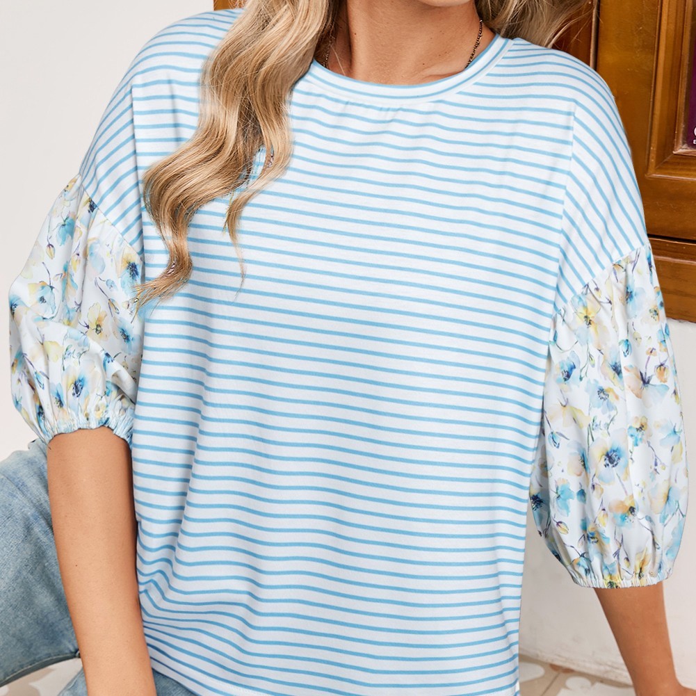 Sky Blue Stripe Floral Three Quarter Sleeves Patchwork Drop Shoulder Top