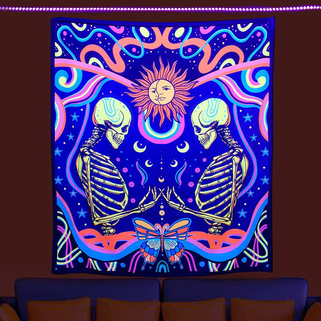 Amazon Fluorescent Tapestry Uv Blue Light Skull Flower Eyes
