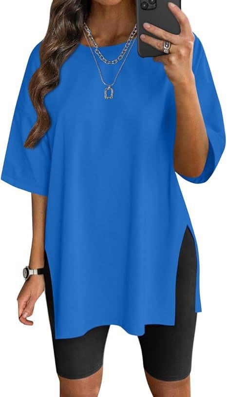 Women's Solid Color Split Short-sleeved T-shirt Round Neck Loose Top