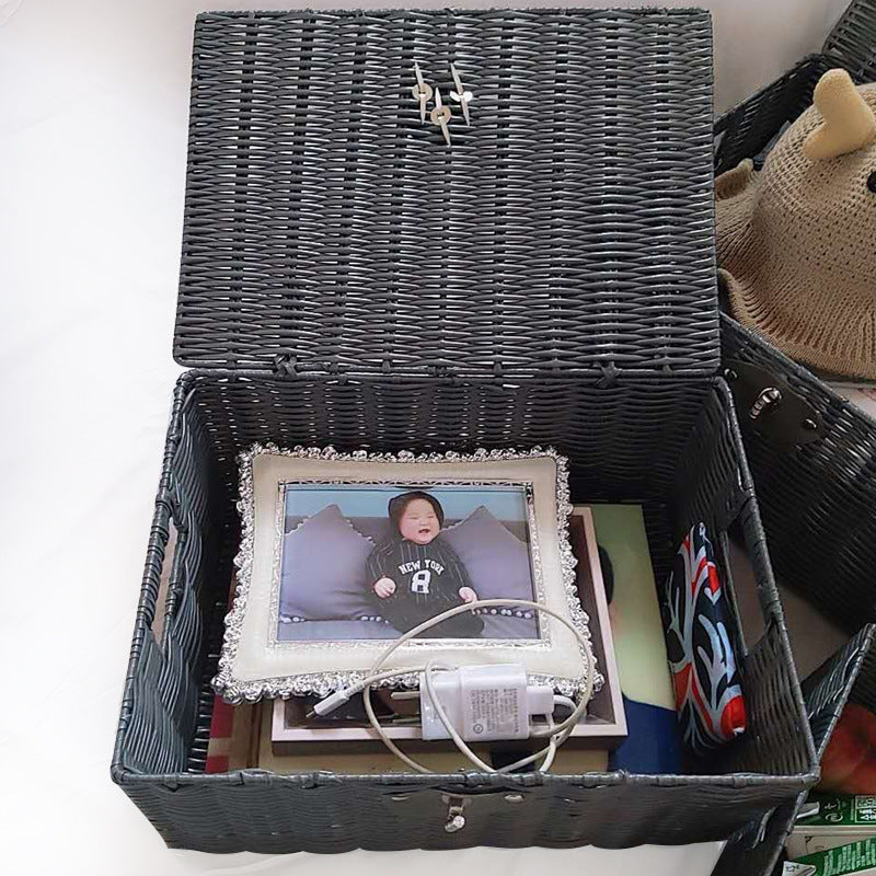 Household Plastic Rattan-like Desktop Storage Basket Storage With Lid