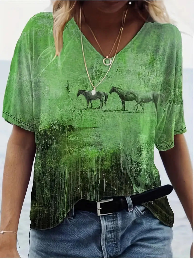 Fashion Comfortable Animal Plant Pattern Short Sleeve V-neck T-shirt