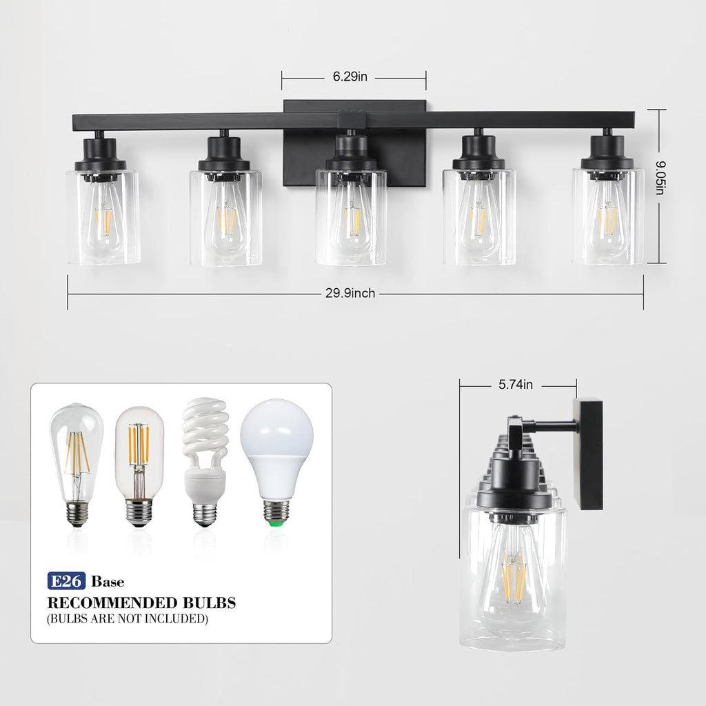 5-Light Black Bathroom Vanity Light, Modern Vanity Lighting Fixture for Bathroom, 31" Matte Light Fixture, Wall Sconces with Clear Glass Shade, Black Bathroom Wall Light Over Mirror - Grand Goldman