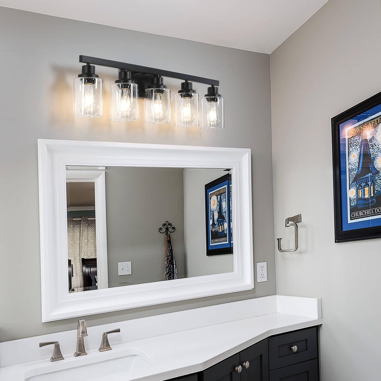 5-Light Black Bathroom Vanity Light, Modern Vanity Lighting Fixture for Bathroom, 31" Matte Light Fixture, Wall Sconces with Clear Glass Shade, Black Bathroom Wall Light Over Mirror - Grand Goldman