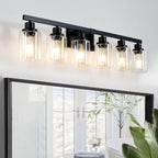 5-Light Black Bathroom Vanity Light, Modern Vanity Lighting Fixture for Bathroom, 31" Matte Light Fixture, Wall Sconces with Clear Glass Shade, Black Bathroom Wall Light Over Mirror - Grand Goldman