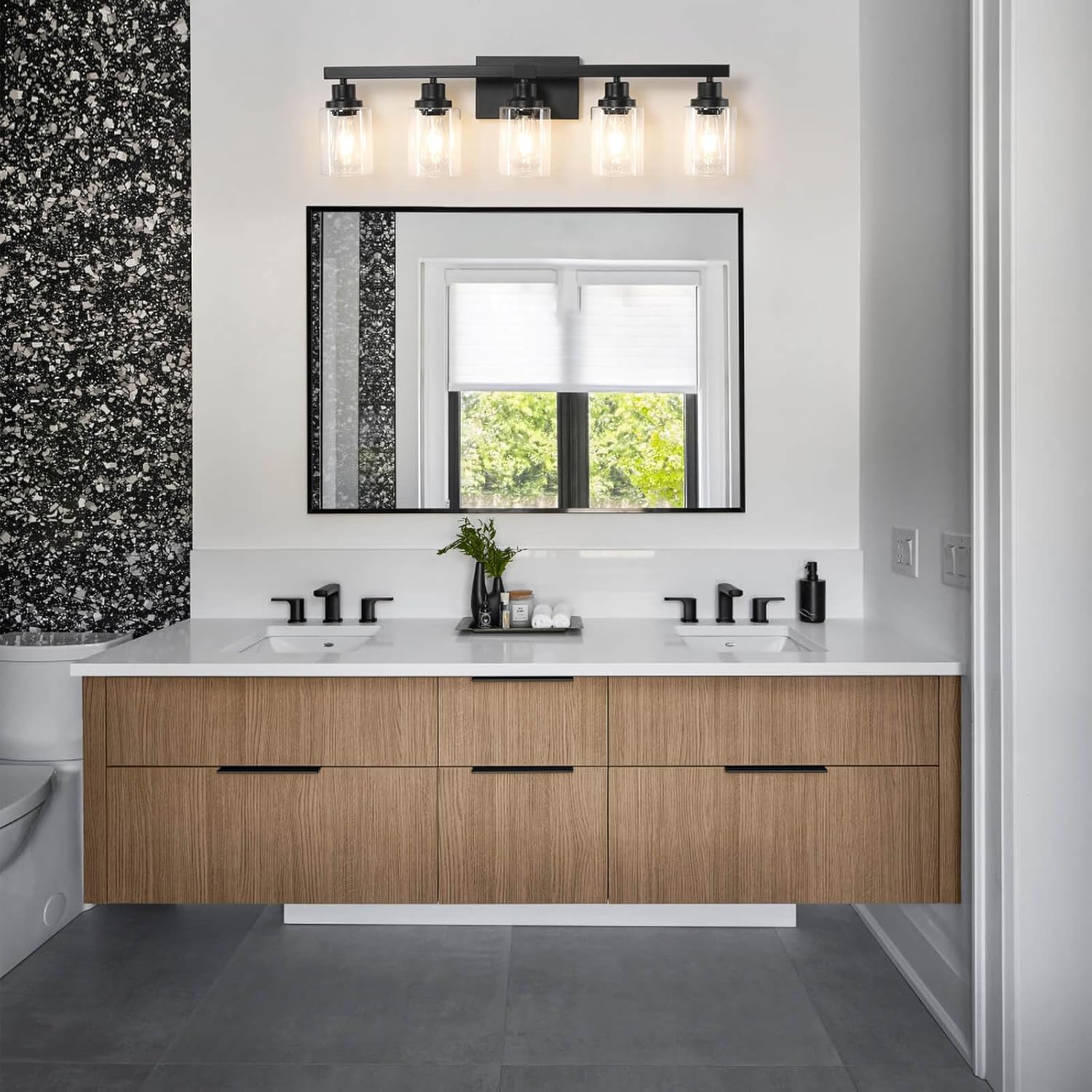5-Light Black Bathroom Vanity Light, Modern Vanity Lighting Fixture for Bathroom, 31" Matte Light Fixture, Wall Sconces with Clear Glass Shade, Black Bathroom Wall Light Over Mirror - Grand Goldman