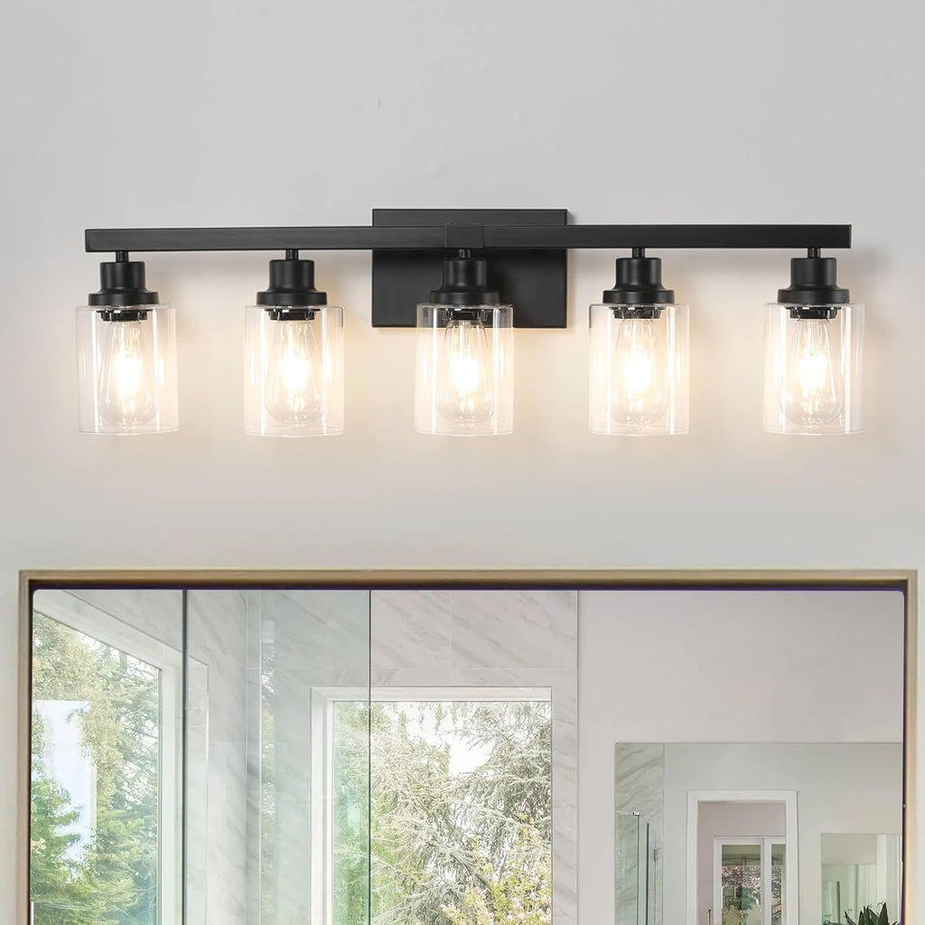 5-Light Black Bathroom Vanity Light, Modern Vanity Lighting Fixture for Bathroom, 31" Matte Light Fixture, Wall Sconces with Clear Glass Shade, Black Bathroom Wall Light Over Mirror - Grand Goldman
