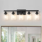 5-Light Black Bathroom Vanity Light, Modern Vanity Lighting Fixture for Bathroom, 31" Matte Light Fixture, Wall Sconces with Clear Glass Shade, Black Bathroom Wall Light Over Mirror - Grand Goldman