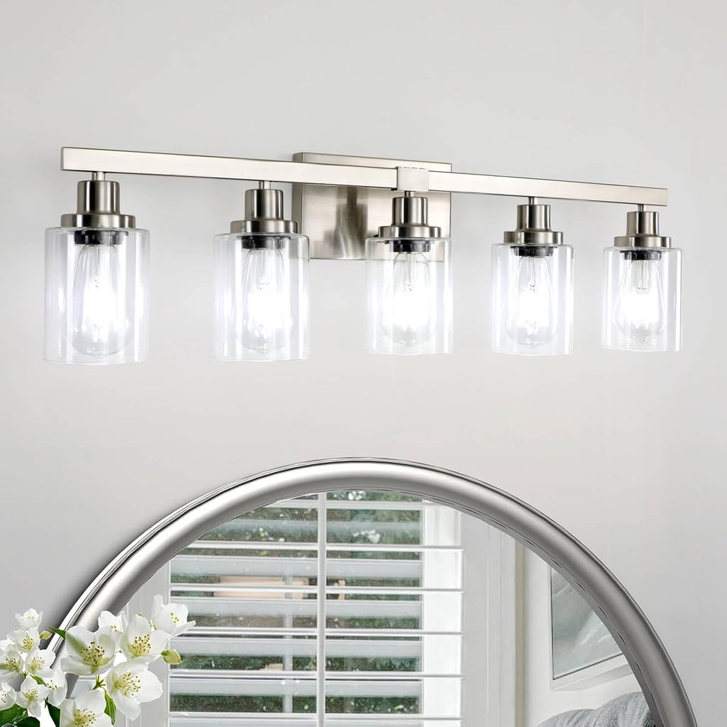 5-Light Black Bathroom Vanity Light, Modern Vanity Lighting Fixture for Bathroom, 31" Matte Light Fixture, Wall Sconces with Clear Glass Shade, Black Bathroom Wall Light Over Mirror - Grand Goldman