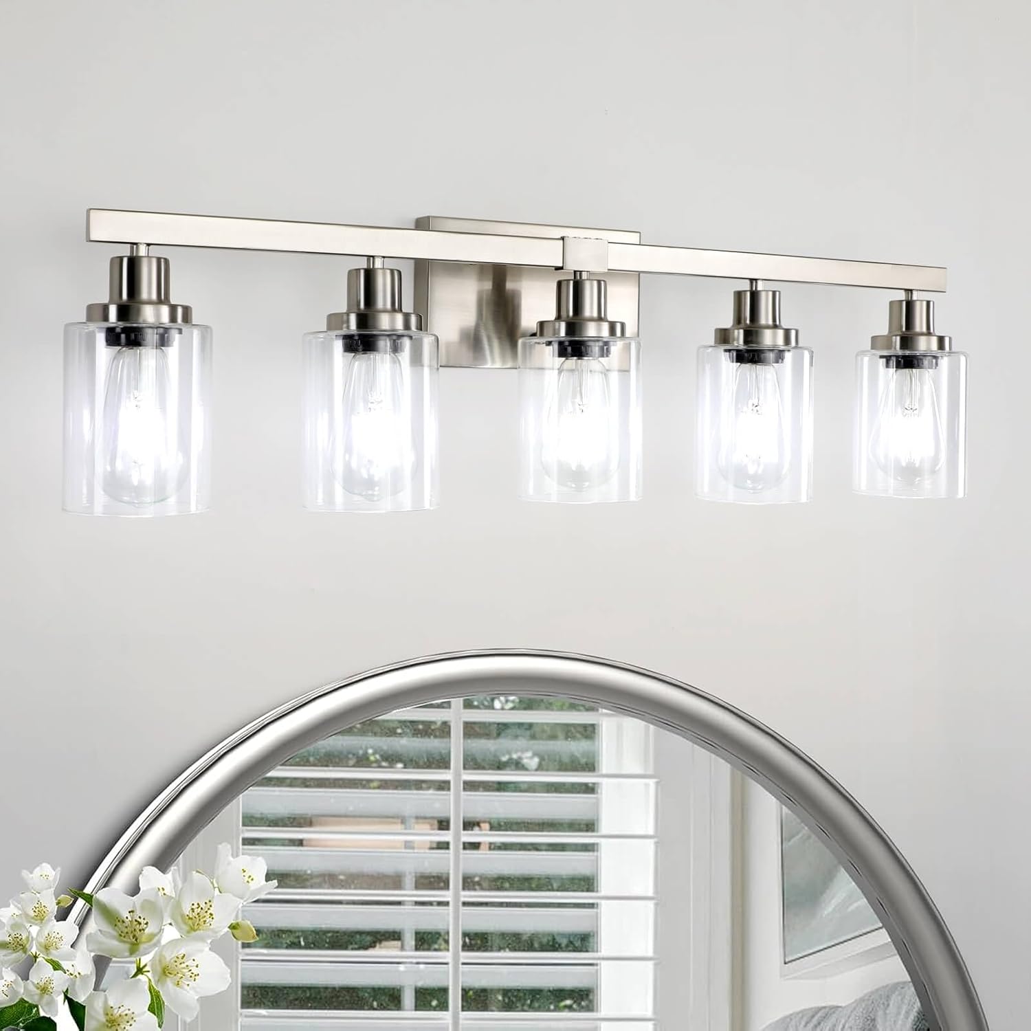 5-Light Black Bathroom Vanity Light, Modern Vanity Lighting Fixture for Bathroom, 31" Matte Light Fixture, Wall Sconces with Clear Glass Shade, Black Bathroom Wall Light Over Mirror - Grand Goldman