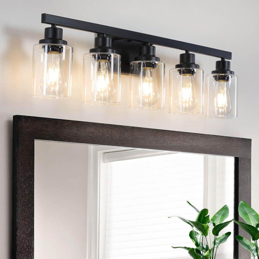 5-Light Black Bathroom Vanity Light, Modern Vanity Lighting Fixture for Bathroom, 31" Matte Light Fixture, Wall Sconces with Clear Glass Shade, Black Bathroom Wall Light Over Mirror - Grand Goldman