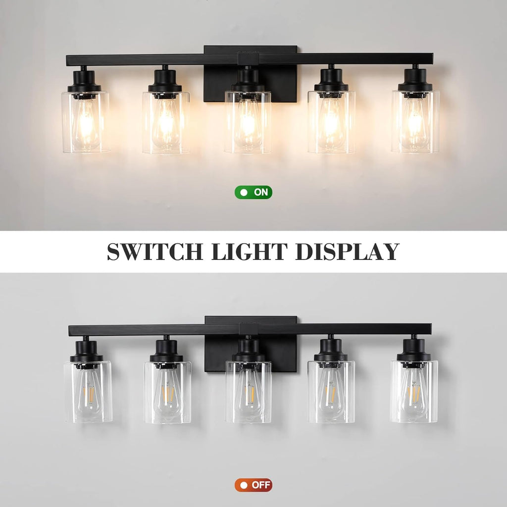 5-Light Black Bathroom Vanity Light, Modern Vanity Lighting Fixture for Bathroom, 31" Matte Light Fixture, Wall Sconces with Clear Glass Shade, Black Bathroom Wall Light Over Mirror - Grand Goldman